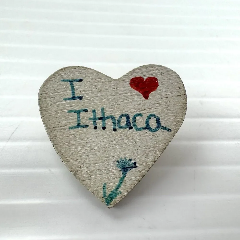 Vintage I Love Ithaca Heart Brooch Wood Cottagecore Indie Boho Retro Pin